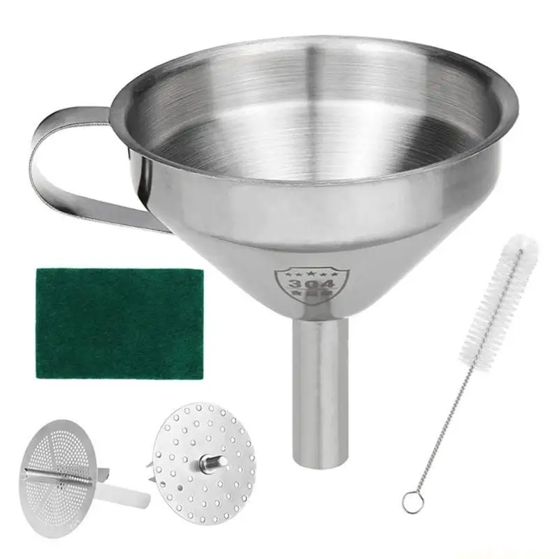 3D Stainless Steel Filtering Funnel: Comes with Brush for Easy Cleaning and Splashes proof Pouring