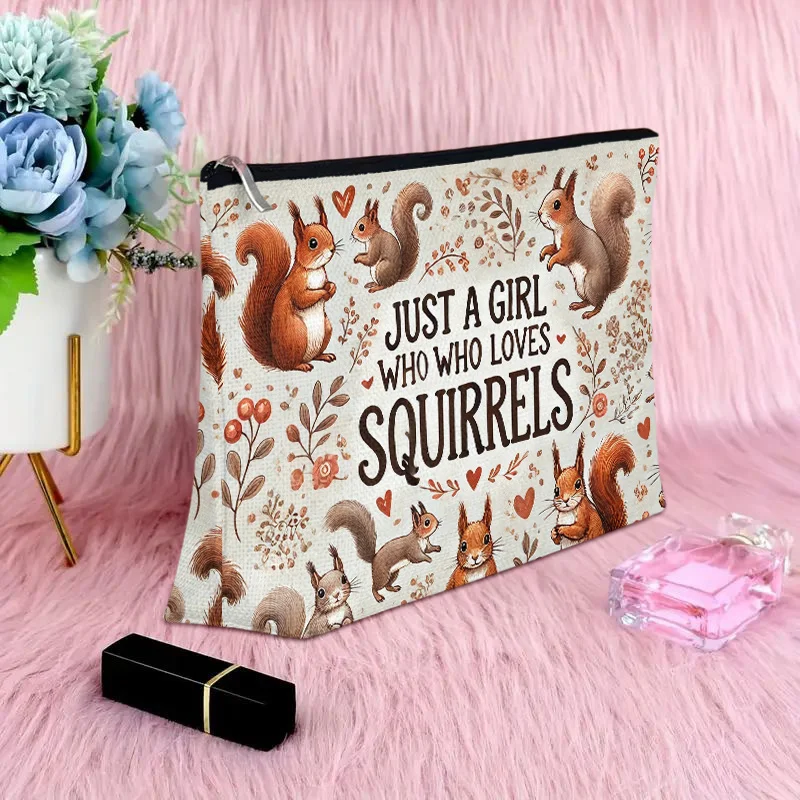 Un sac de maquillage illustré écureuil – Jolie pochette multifonctionnelle à fermeture éclair pour femmes, sac de rangement de bijoux