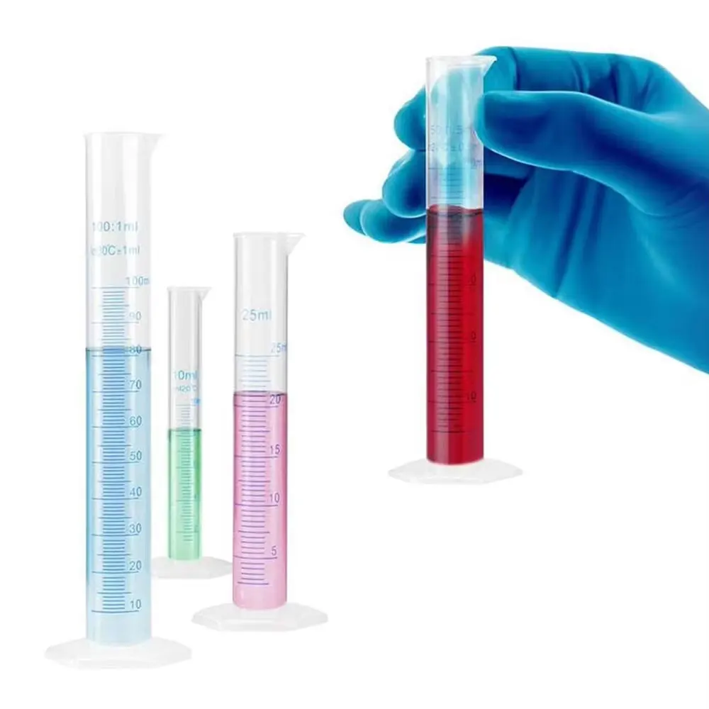 1pcs plastic graduated cylinder hexagonal bottom blue tick marks 10/25/50/100ml tools for chemistry lab, school lab, etc