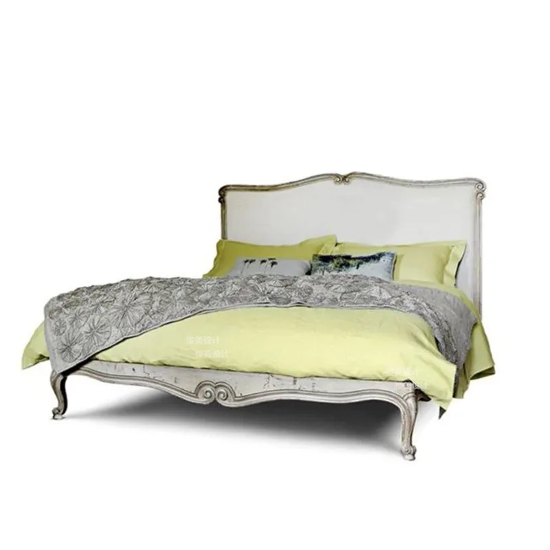 French retro solid wood bed, American linen soft carved double bed