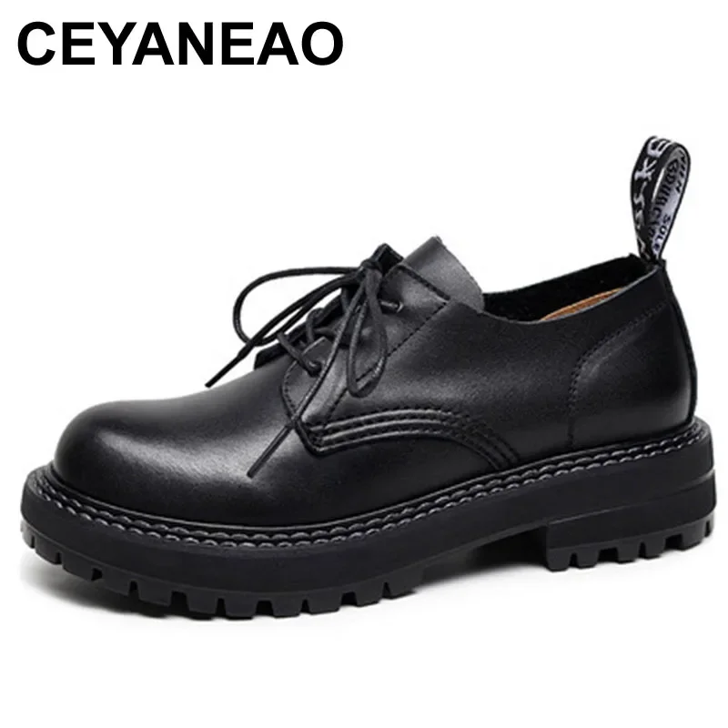 

CEYANEAO Retro Winter Shoes Woman Platform Genuine Leather Oxford Shoes Female Lace Up Martins Shoes Warm Casual Shoes Flats