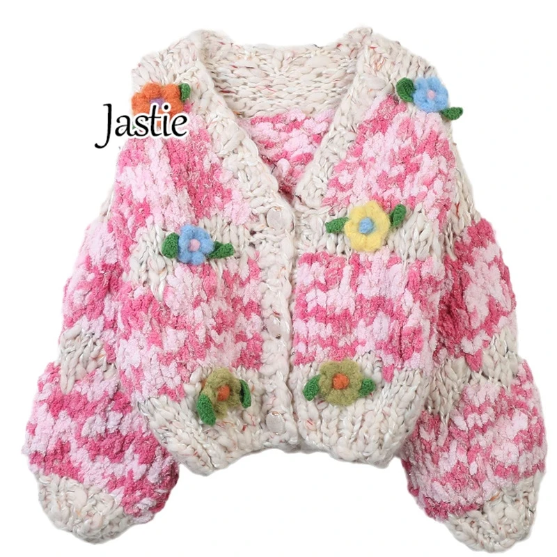 Jastie Retro Sweater Autumn And Winter New Women Cardigan Sweater Colorful Handmade Flowers V-Neck Long Sleeve Loose Knitted Top