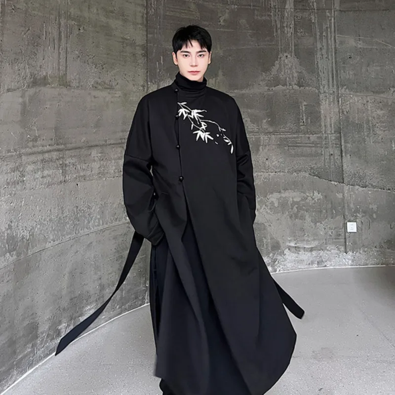 

SYUHGFA Chinese Style Bamboo Leaf Embroidery O-neck Woolen Jacket Men's Clothing Loose Long Coat 2024 Autumn Thickening Tops