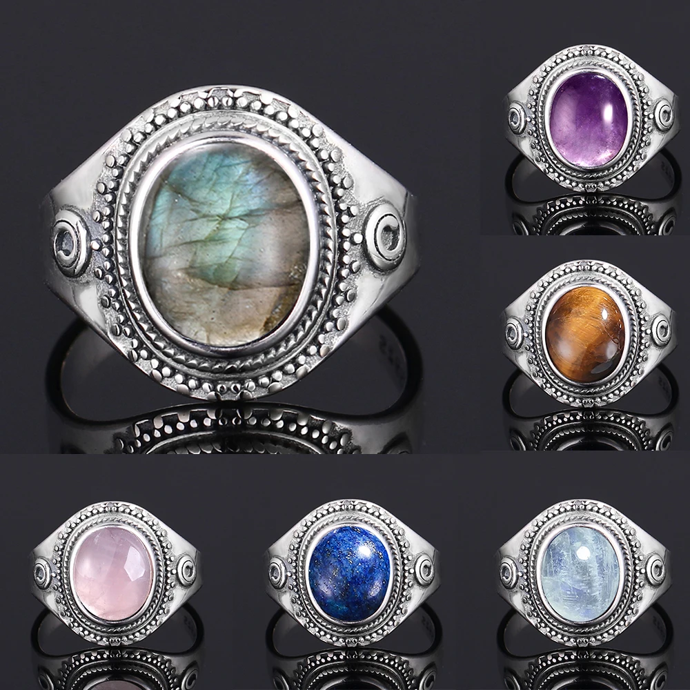 

925 Sterling Silver Ring Big Oval 8*10MM Natural Moonstone Turquoise Lapis Tiger Eye Rings for Women Gifts Fine Jewelry