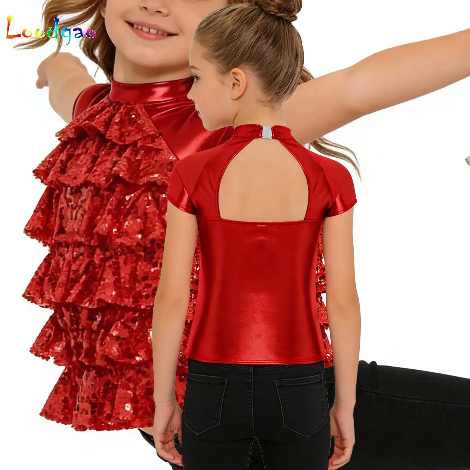 Kids Shiny Sequins Mesh Tiered T-shirts Girls Jazz Hip Hop Dance Tops Short Sleeve Tshirt Cheerleading Stage Performance Wear