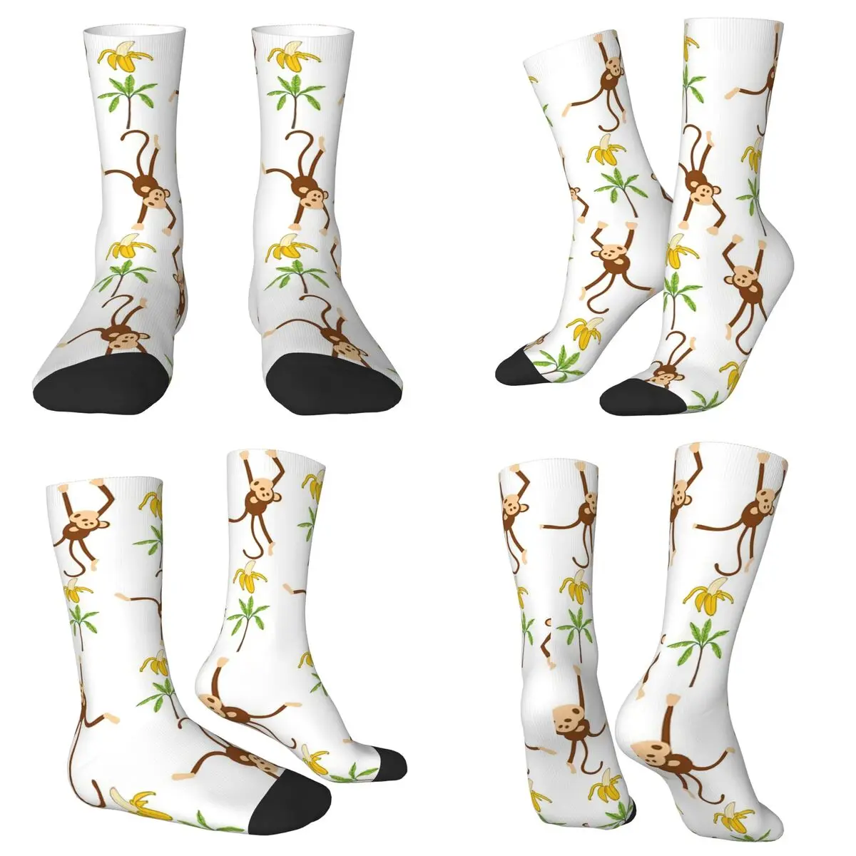All Seasons Crew Stockings Cartoon Monkey With Leaves Pattern Socks Crazy Hip Hop Long Socks for Men Women Valentine's Day Gifts