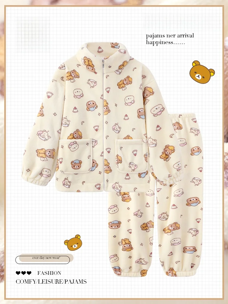 thickened-fleece-pajama-set-women's-winter-sleepwear-coral-velvet-zipper-stand-collar-home-clothes-easy-bear-cartoon-design