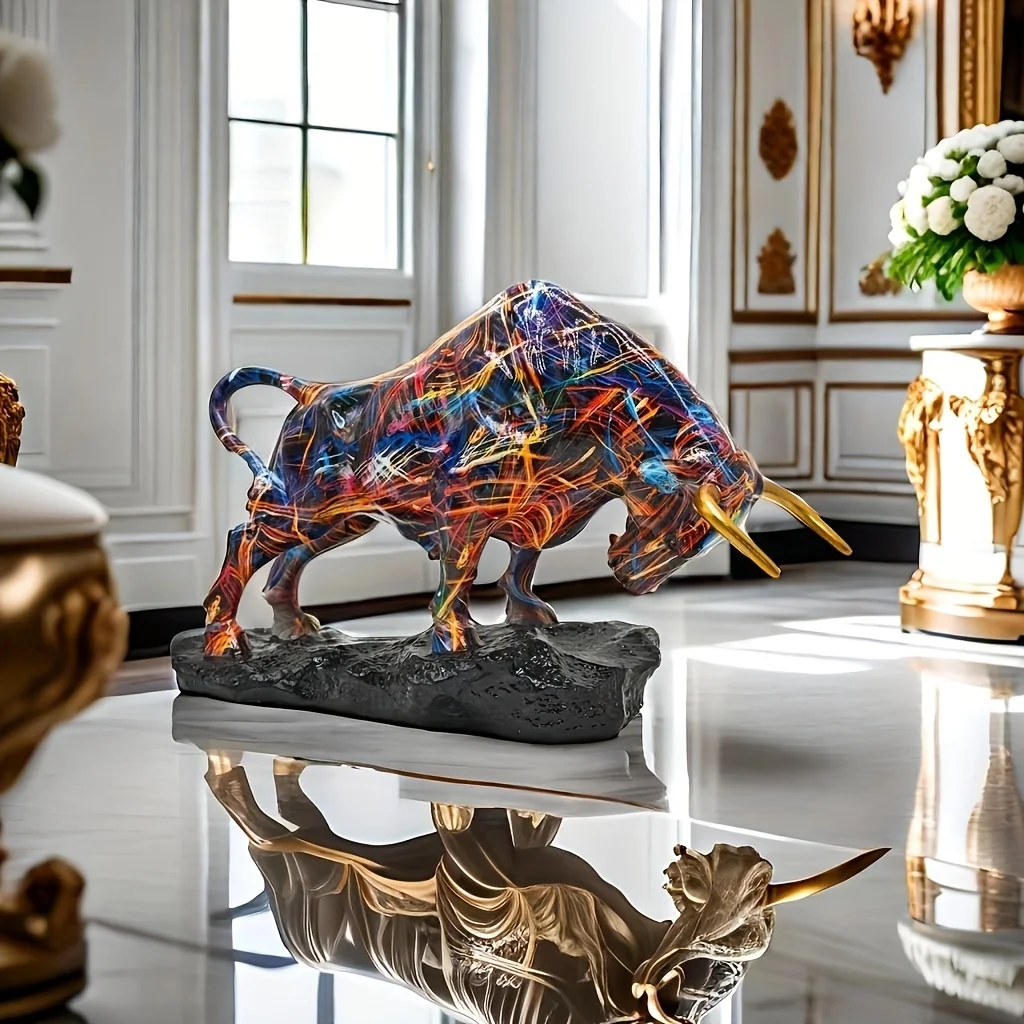 Elegante estatua de toro de bronce: arte de resina versátil inspirado en la calle de pared colorida para decoración del hogar y la oficina, decoración de estatua