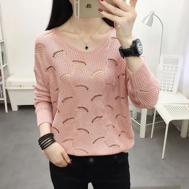 Women Clothing Fashion Hollow Out Thin Knit Pullovers Spring Autumn Casual Loose V-neck Long Sleeve T-shirt Office Lady Chic Top