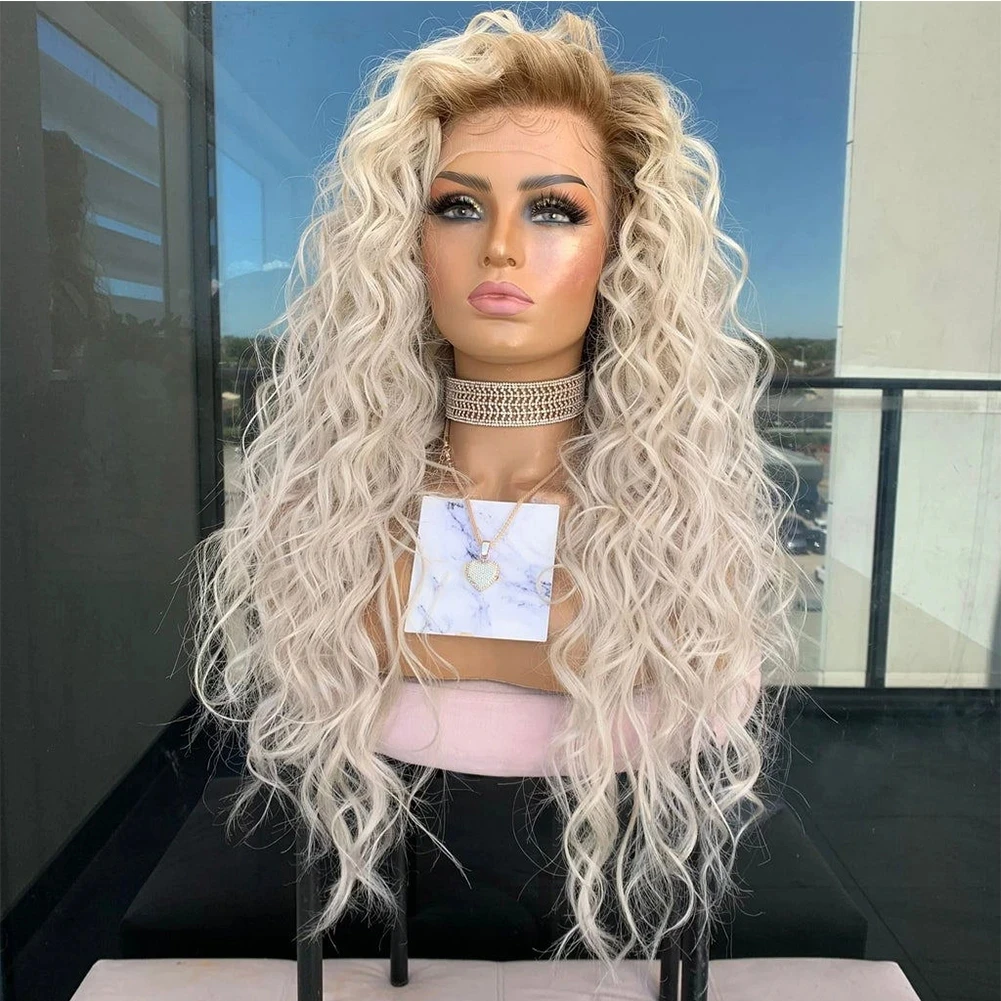 Loose Curly Synthetic Hair Ombre Ash Blonde Lace Front Wigs Glueless Lace Wigs with Baby Hair Pre Plucked Fiber Cosplay Daily