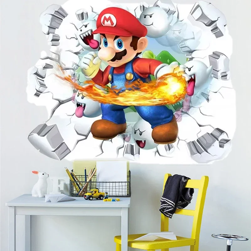 Pegatinas de pared de Super Mario, pegatinas de dibujos animados 3D, autoadhesivas, extraíbles, pinturas decorativas, regalos finos, dormitorio