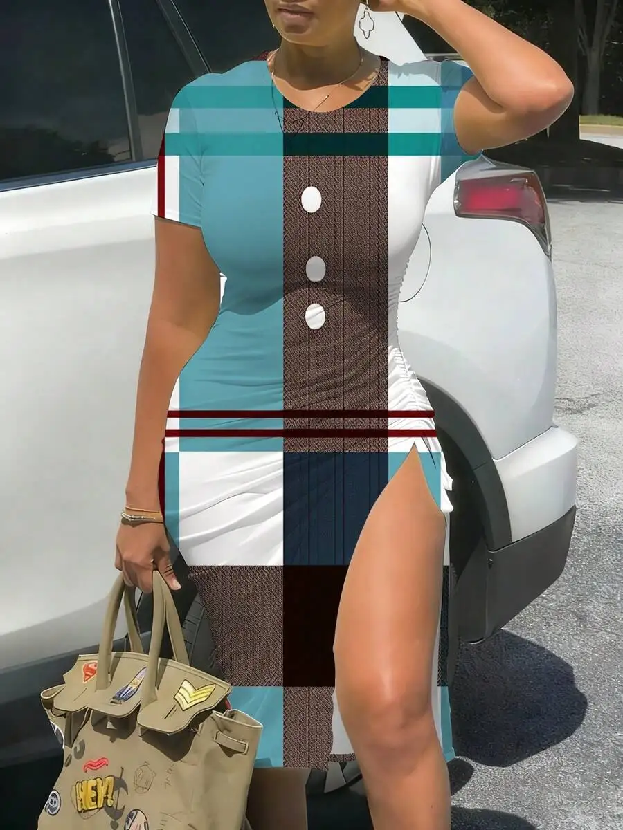 

Women Short Sleeve Fitted Midi Dress With Slit Color Block Striped Pattern