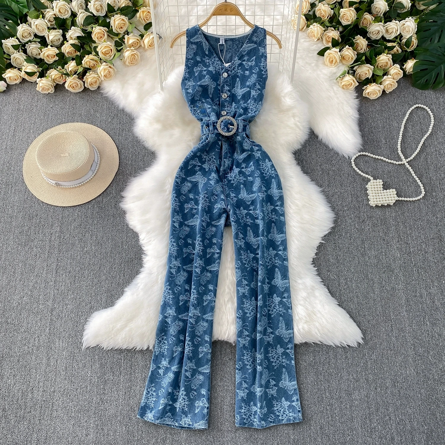 Women's Casual Summer New Retro Jacquard Denim Straight Leg Wide Jumpsuit