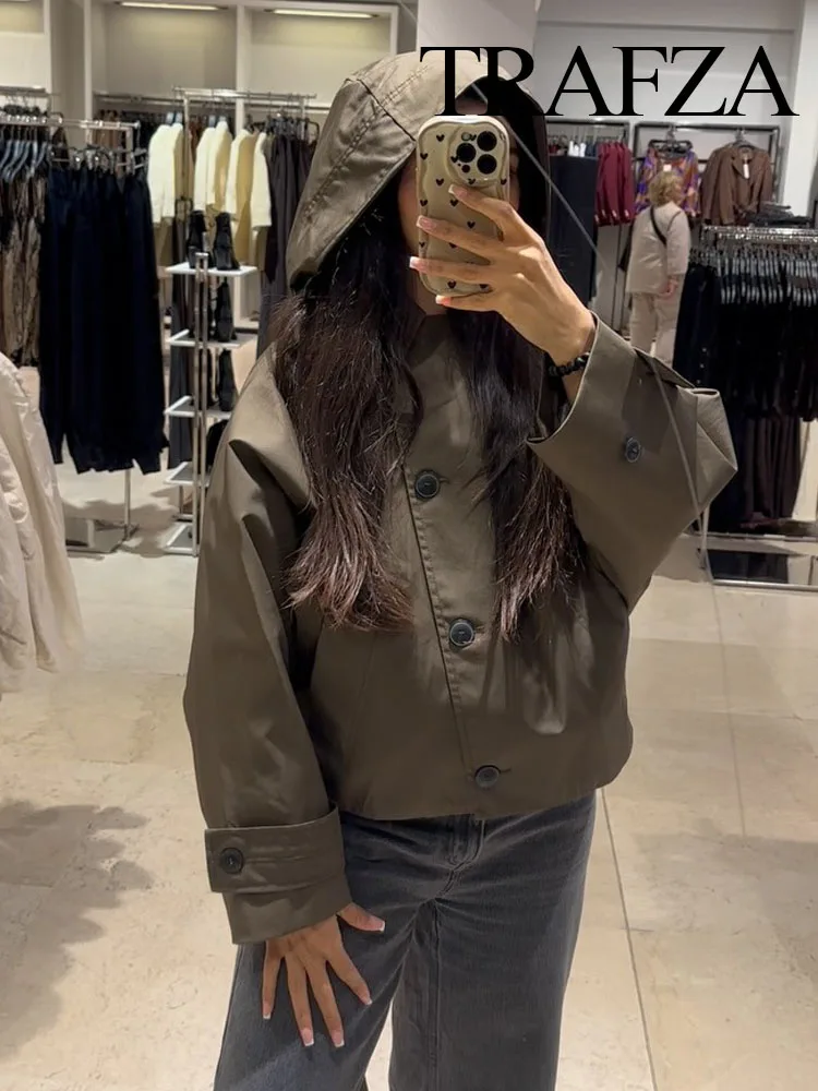 

TRAFZA Women Autumn Solid Single-Breasted Pocket Design Long Sleeves Casual Hooded Short Windbreaker Woman Street Style Coat