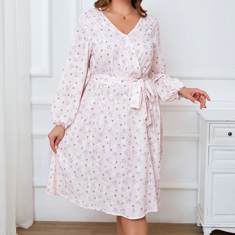 Tilaa فساتين مقاس كبير 2025 الخريف الكورية الوردي شيك طباعة فانوس كم الخامس الرقبة الخصر النحيف جزء أنيق فستان النساء الملابس