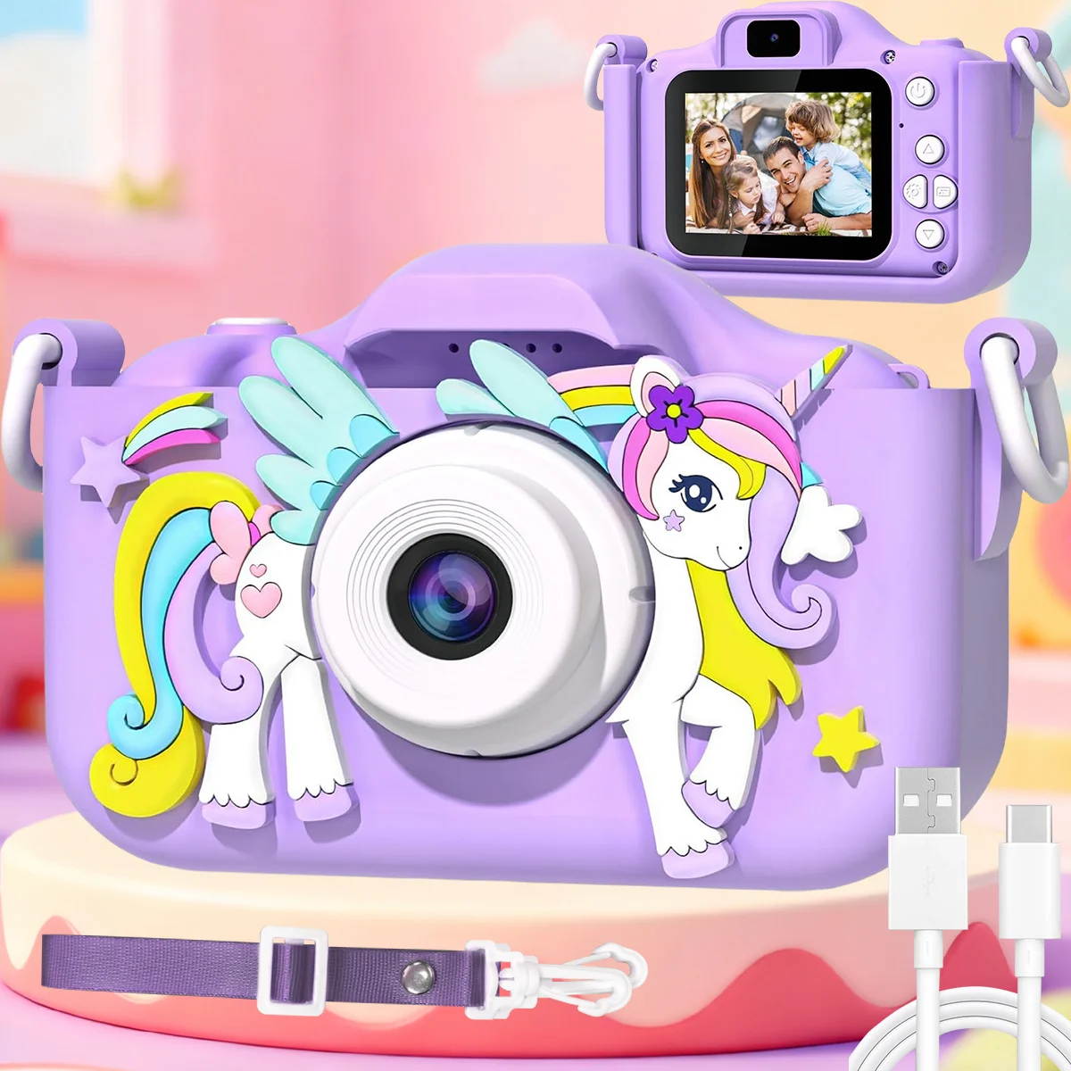 Leuke Eenhoorn Kindercamera voor Meisjes Jongens Voor en Achter HD Dual Lens Selfie Camera 1080P Videorecorder