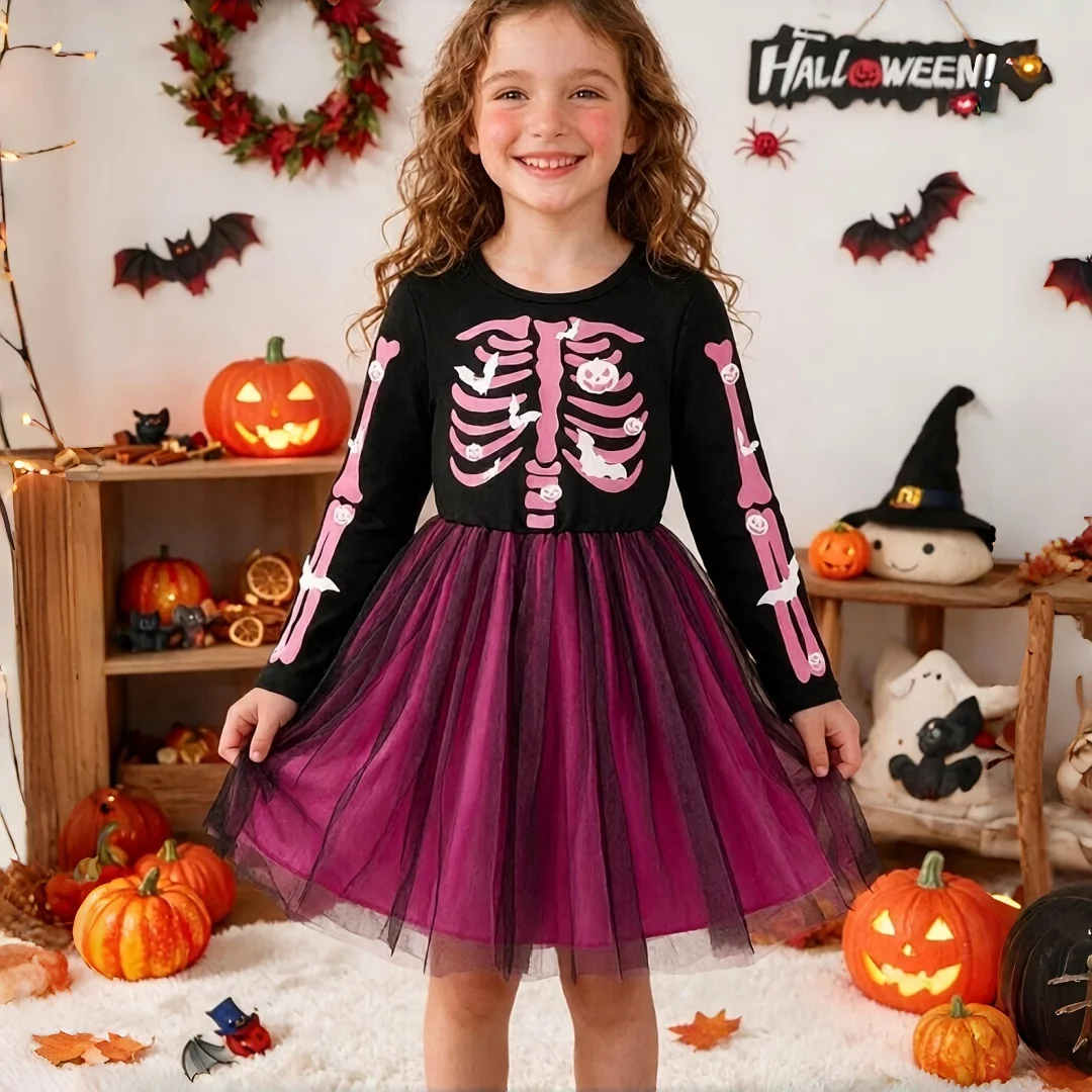 2026 Girls' Halloween Dress Autumn Winter Outfits Knit Round Neck Long Sleeve Dresses Ruffled Party Gathering Kids Costume