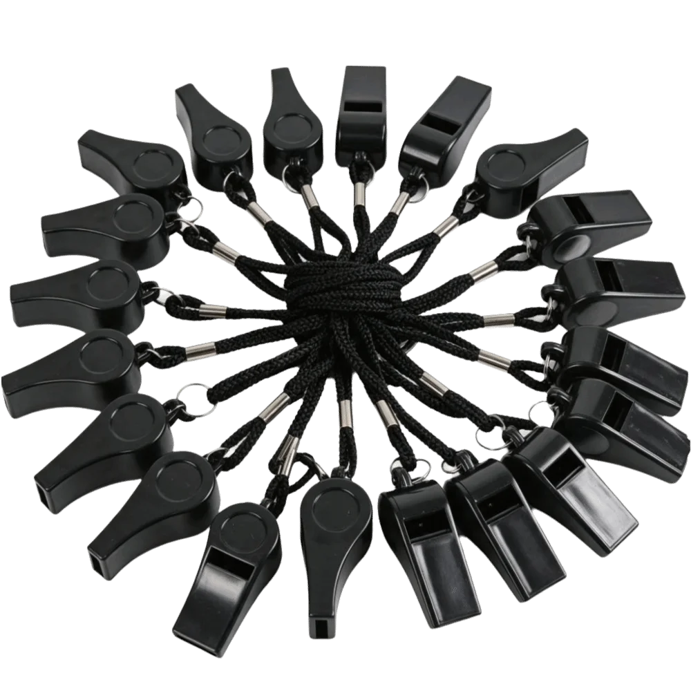 20pcs Plastic Material Plastic Whistle Lanyard Strap Crisp Sound Sports Whistle Portable Size Black Color Referee Whistle