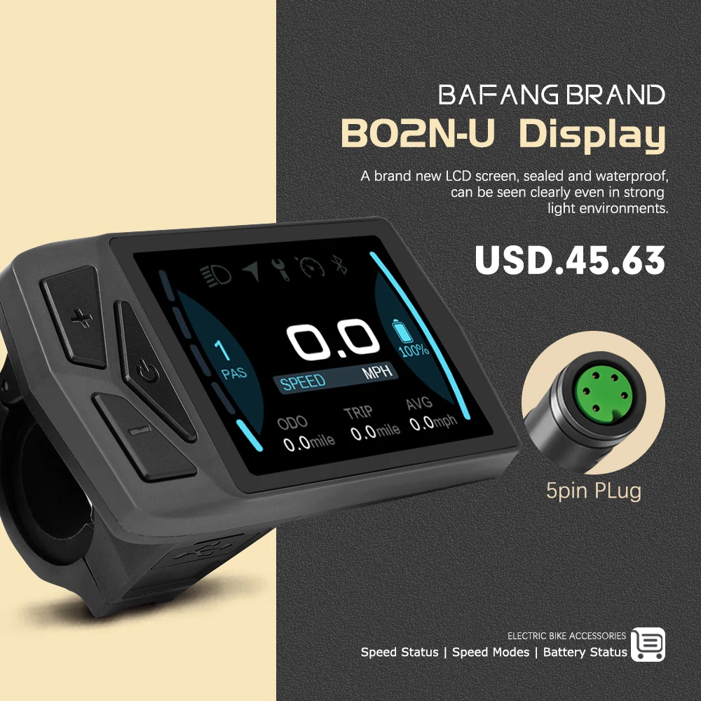 Electric Bike LCD Color Display B02N-U UART HMI With Bluetooth Multilingual Language Function 5PIN Female For BaFang Mid Motor