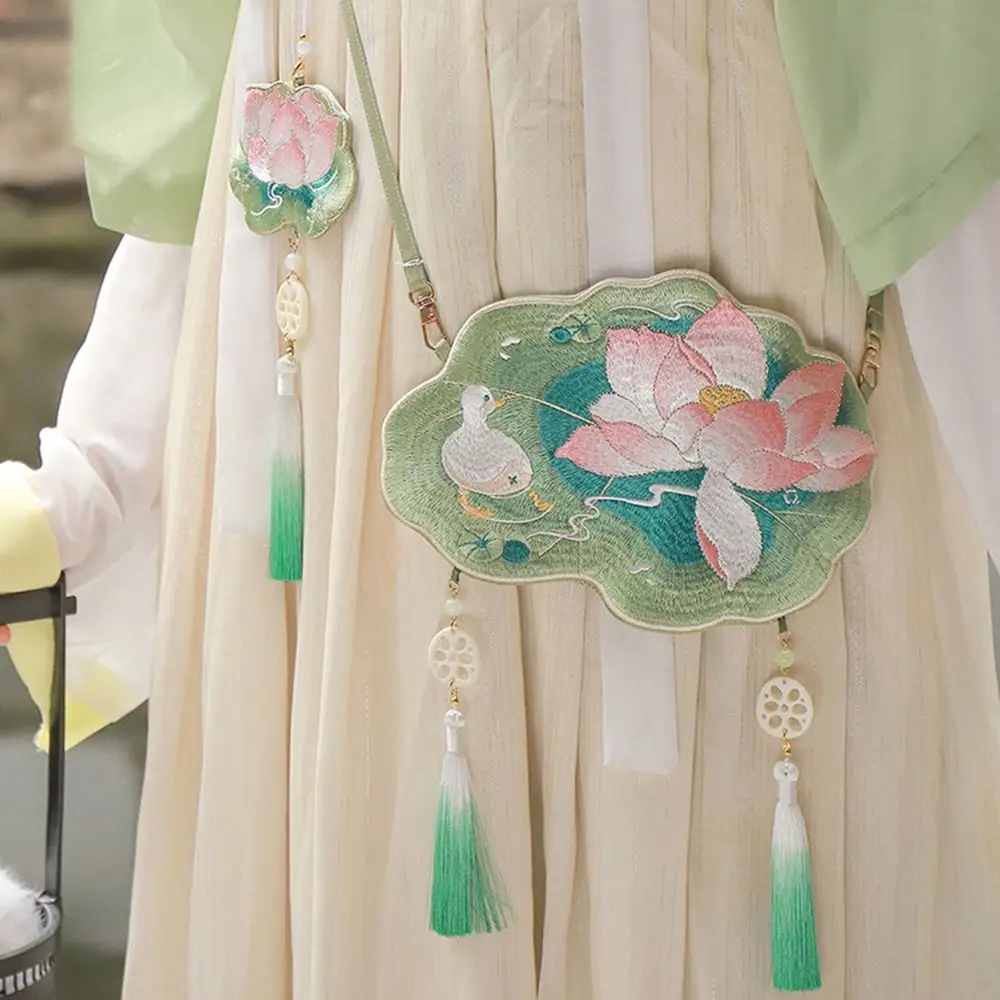 Sweet Embroidery Lotus Shoulder Bag Antique Style Handmade Ancient Style Messenger Bag Vintage Retro Chinese Hanfu Bag Daily
