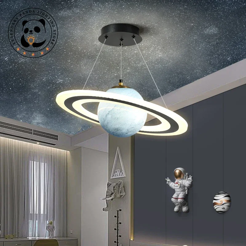 Luces colgantes creativas modernas, pantalla de lámpara circular de Planeta, candelabros de techo para habitación de niños, accesorios de decoración de arte para interiores