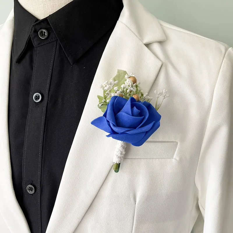 Groom Groomsmen Boutonniere for Wedding Accessories Buttonhole Fake Flowers Foam Roses PE Corsage Pins Boutonniere for Men Bride