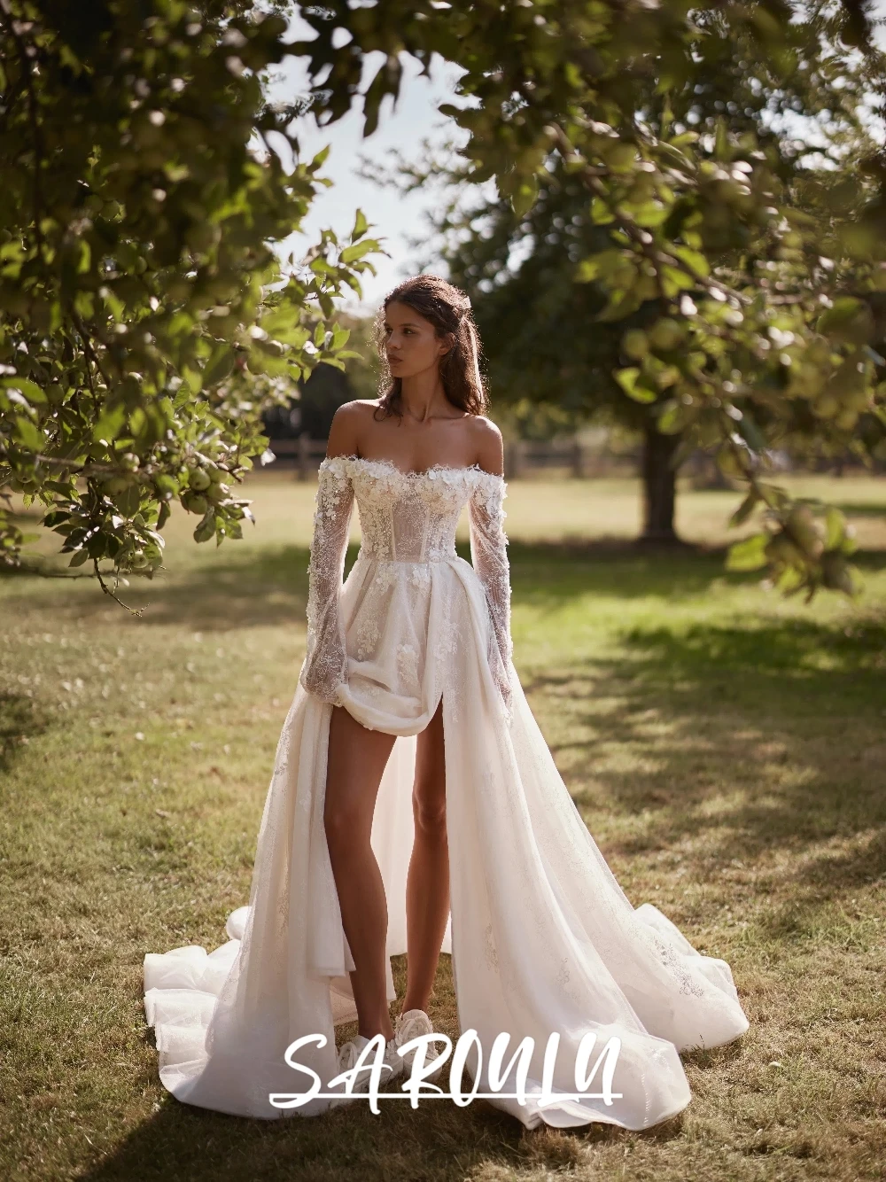 

Romantic Floral A Line Wedding Dress Dreamy Lace Customized Off-the-shoulder Bridal Gown With Slit Classic Long Bride Wear