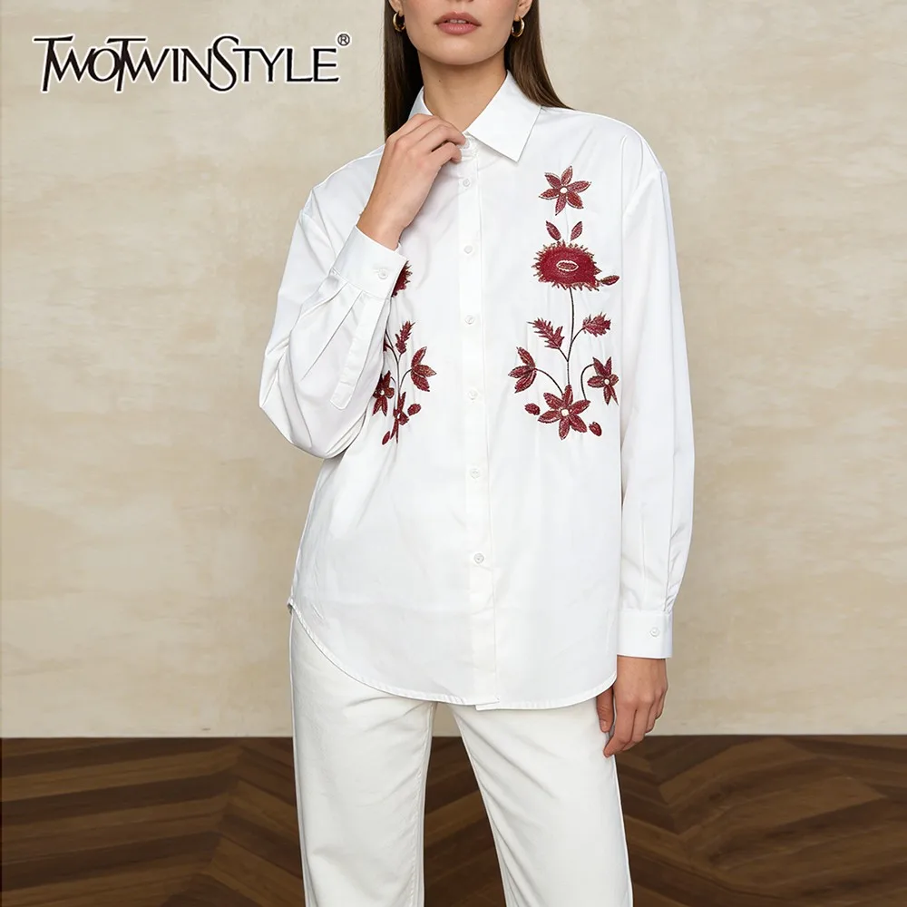 Twotwinstyle sólido emendado bordado básico camisa feminina lapela manga longa solta streetwear camisas femininas outono moda nova