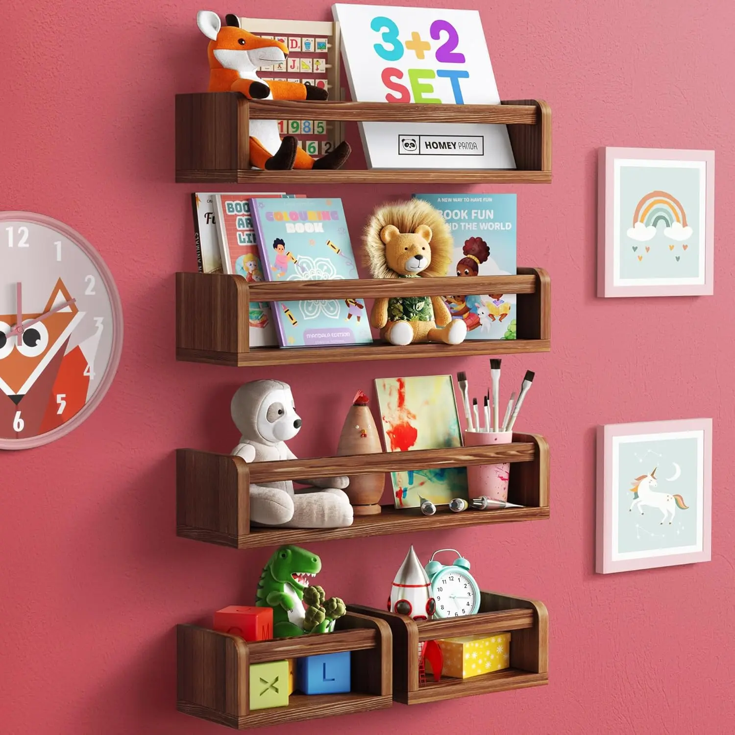 

Wall-Mounted Nursery Bookshelves - 3 Long + 2 Mini Shelves, Kids Room Storage (Walnut Pine Wood)