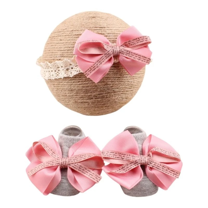 

M76C Кружевная повязка на голову и комплект защитных носков Детские головные уборы с бантом и нескользящими носками для общий