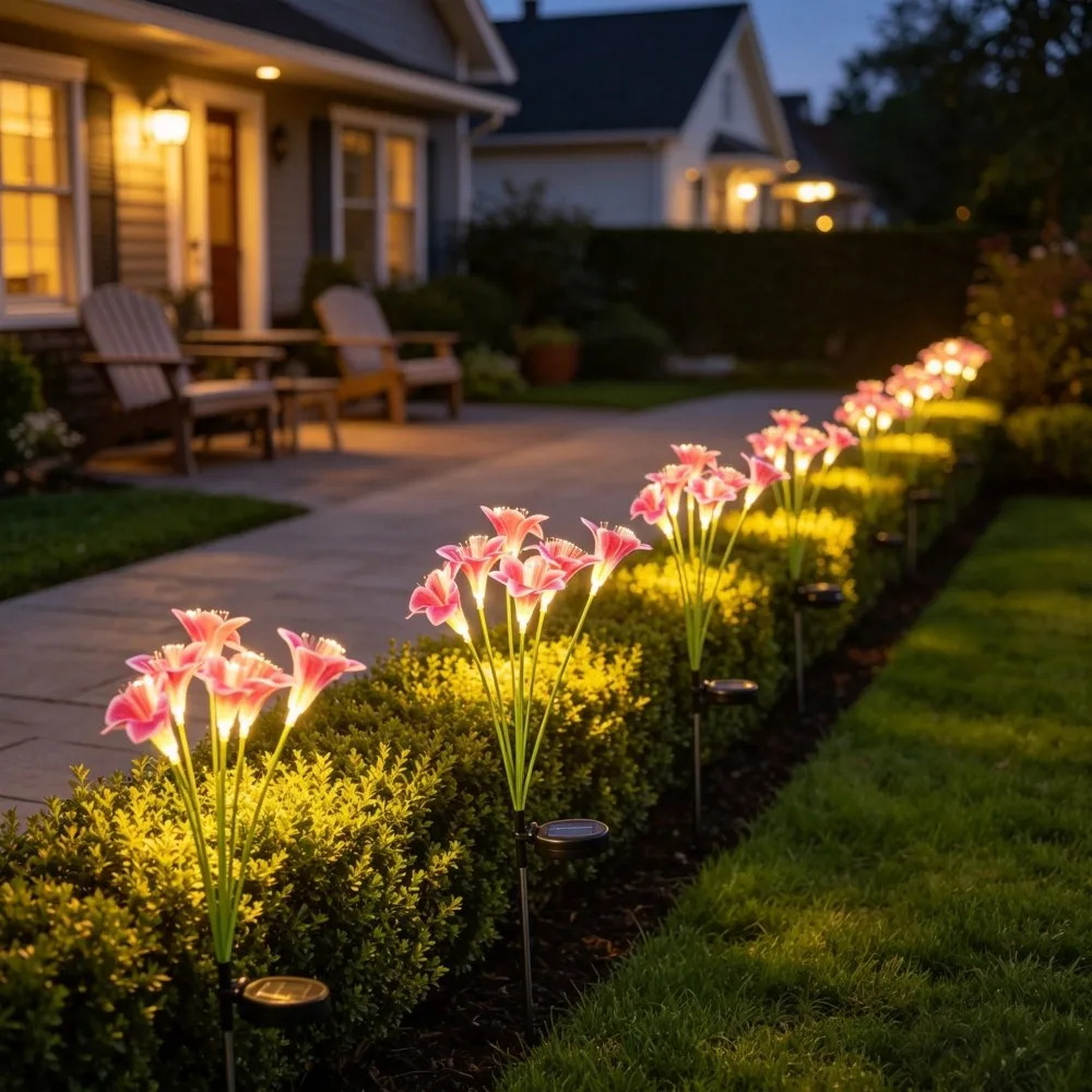 Solar Powered Lily Flower Stake Lights, Fiber Optic LED Outdoor Garden Decor Lawn Lamps, Waterproof Pathway Patio Yard Light image 4