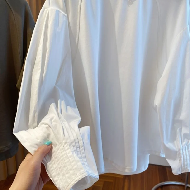 여성용 스플라이싱 긴팔 스웨터셔츠 봄 가을 루즈핏 화이트 랜턴 티셔츠 디자인 니치 이너웨어 얇은 상의