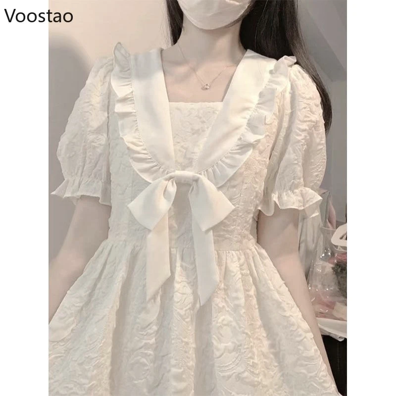 Japanische Süße Lolita Kleid Frauen Nette Puff Sleeve Kawaii Prinzessin Kleider Mädchen Student Sommer Bogen Salior Kragen Mini Vestidos