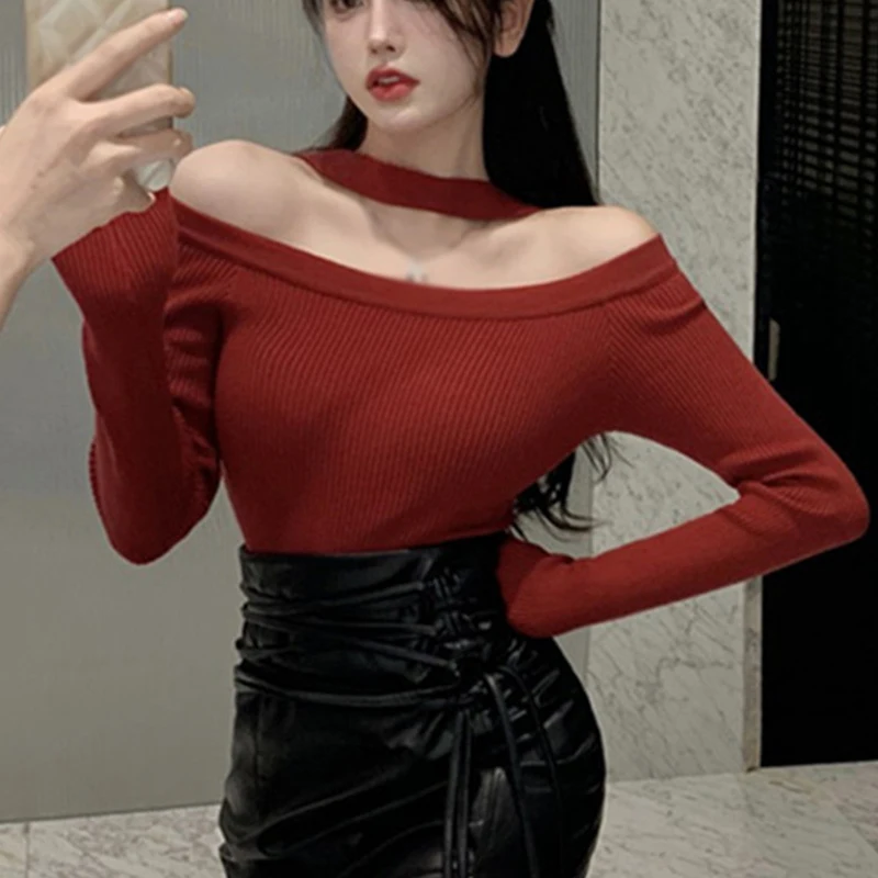 Off Shoulder Women Tops Sexy Halterneck Sweater Ladies Thin  Autumn Soft Off Shoulder Pullovers Long-sleeved Knitting Jumpers