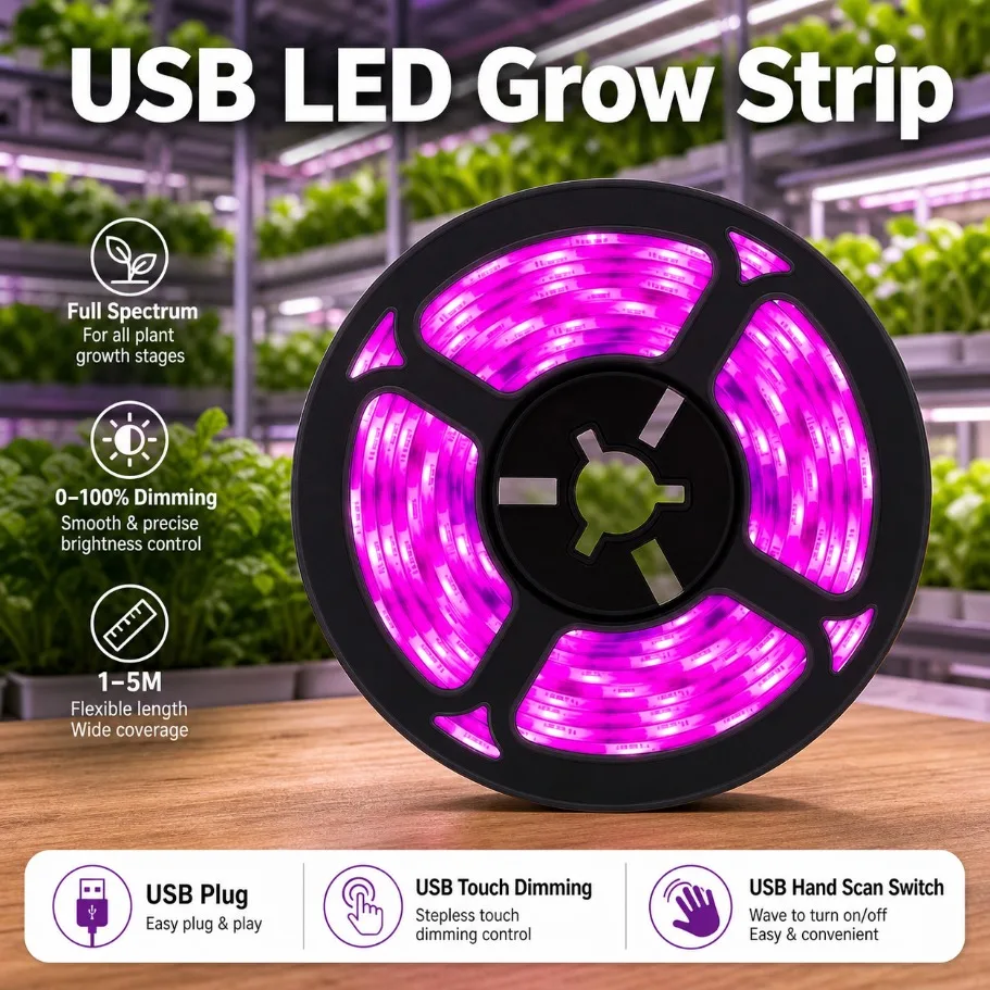 1‑5M USB LED Grow Light Strip Full Spectrum Hand Scan Touch Dimmable Flexible Phyto Lamp for Indoor Plants Seedling Growing