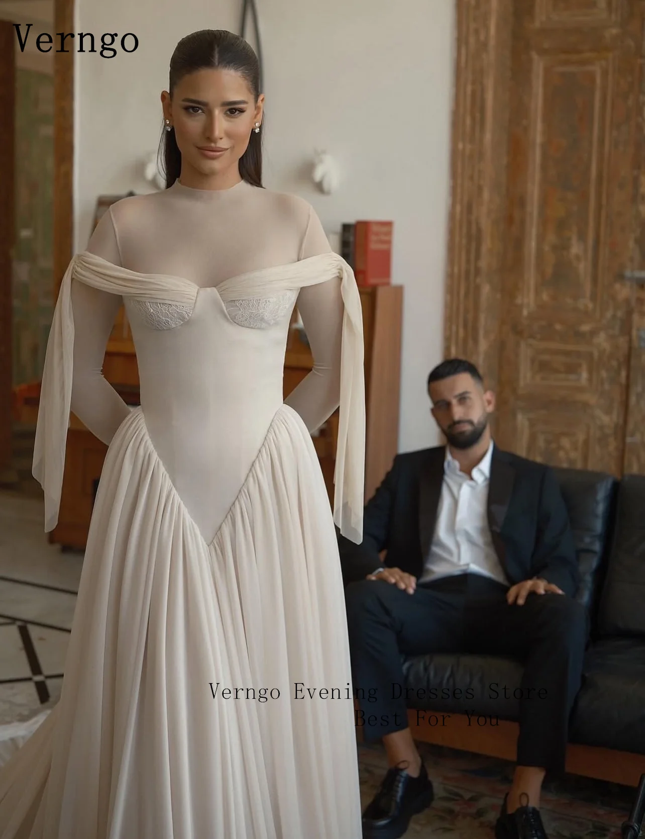 Verngo ivoor satijnen avondjurk uit de schouder een lijn zijsplit formele gelegenheid jurken vrouwen elegante prom jassen op maat