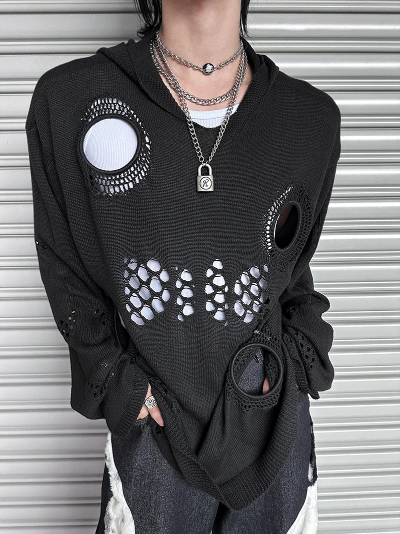 Men's Trendy Sweaters Hoodies Jackets 2025 Autumn Winter New Fashion Versatile Hooded Knitted Tops Loose Hole Pullover Knitwears