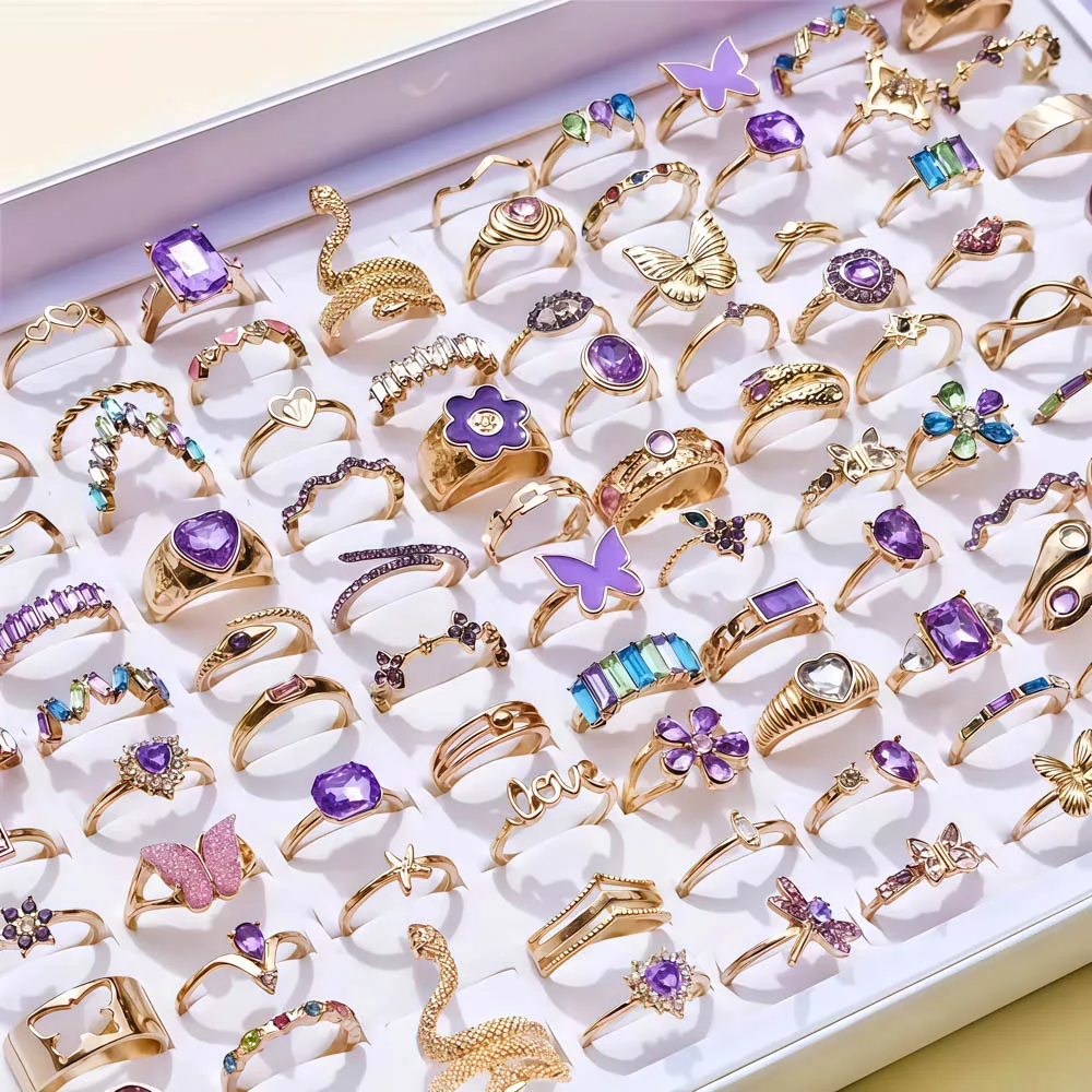 30Pcs/Lot New Fashion Elegant Butterfly Diverse Design Multicolor Rhinestone Rings for Women Love Jewelry Party Gift Accessories