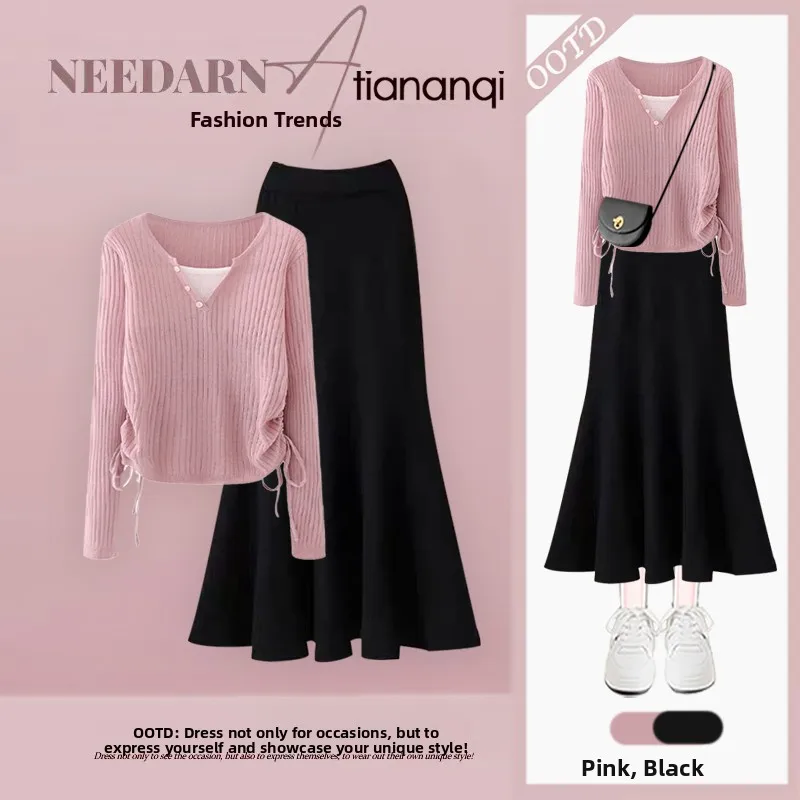 

plus Size Knitted V-Ne Sweater Long Sve Dstring Base Top for Denim Jeans Set Autumn Winter plus Size Women's Faion