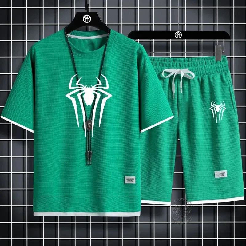 Men's spider print T-shirt, casual two-piece suit with shorts, waffle sportswear, comfortable and fashionable set, summer sports