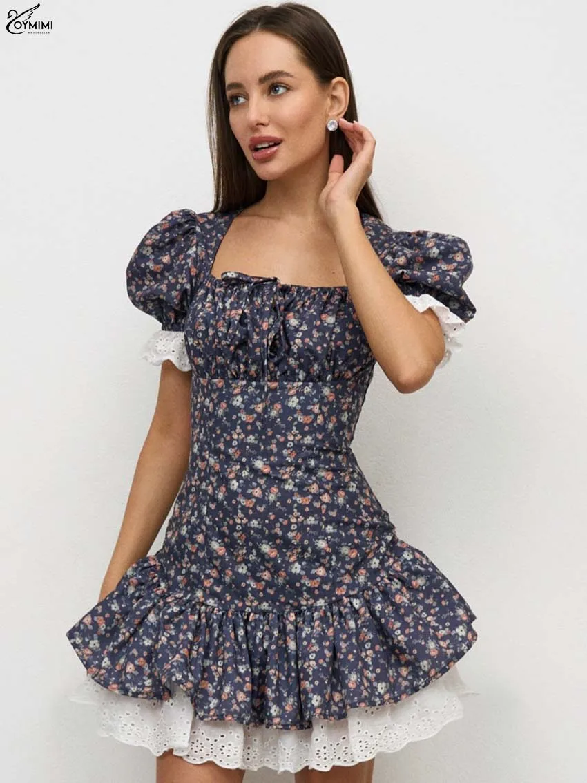 

Oymimi Elegant Blue Print Womens Dresses Fashion Square Neck Short Sleeve Lace Dresses Autumn High Waisted Pleated Mini Dress