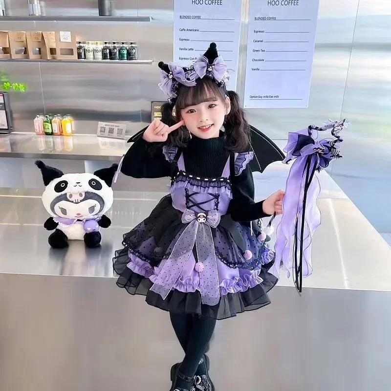 Sanrioed Kuromi Girl Cute Cartoon Lolita Dress Spring and Autumn Birthday Party Role Play Tutu Dress Child Dress Halloween Gift