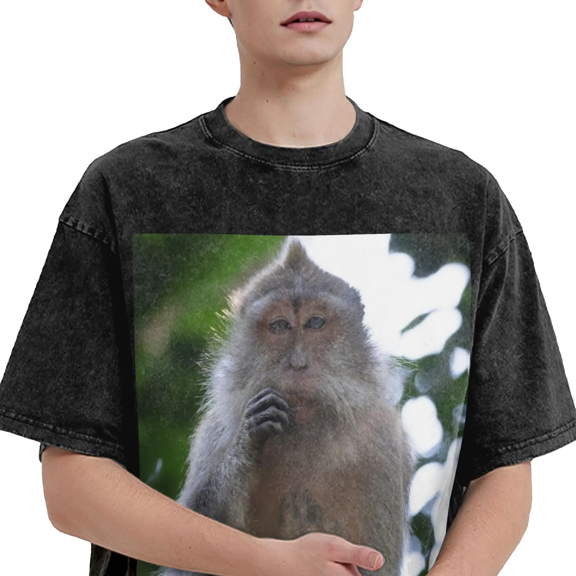 Processing Monkey Meme Thinking Animal Loading Washed T Shirt Streetwear Hip Hop T-Shirt Tees for Men Women Cotton Oversize