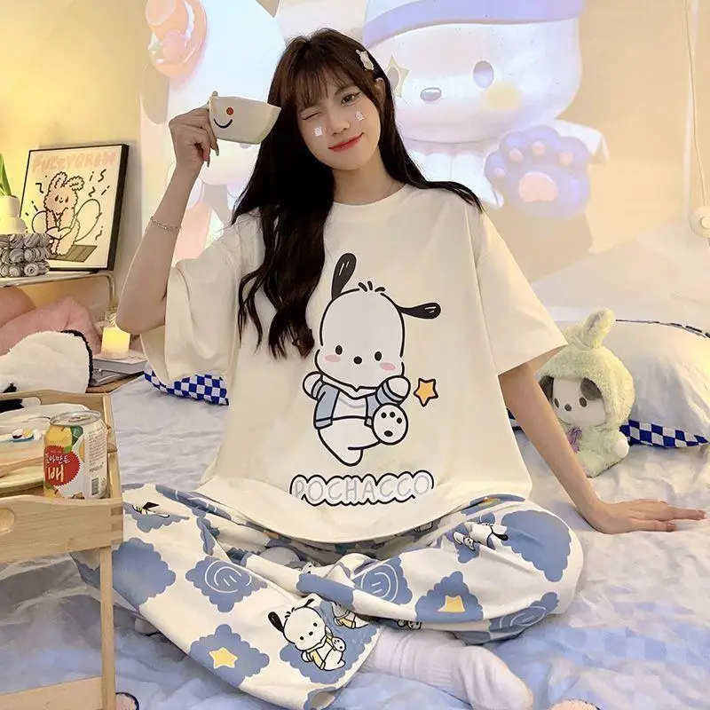 Sanrio Kuromi Pajamas Set Kawaii Anime Cartoon Pochacco Cute Kuromi Print Girls Cinnamoroll Short Sleeve Trousers Home Clothes