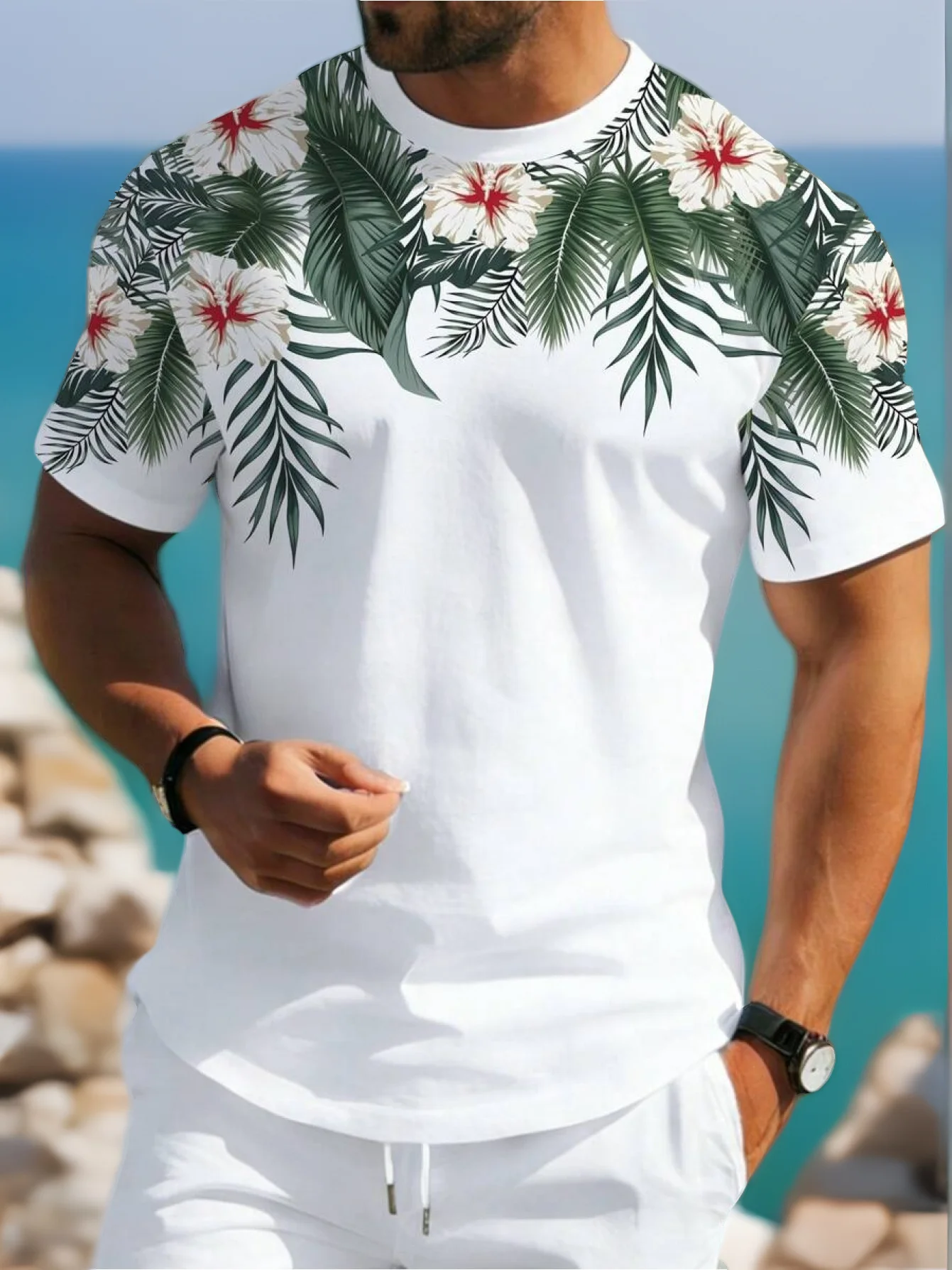 New men's short-sleeve T-shirt, loose-fitting and tailored with printed designs, versatile basic crew-neck top suitable for spri