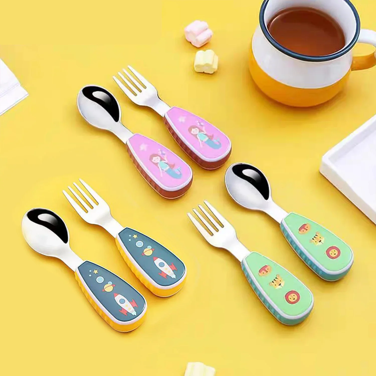 

2PCS Baby Feeding Spoon and Fork Set - Cartoon Training Tableware for Toddlers, Kids Safe Short Handle Utensils, Ideal Food Gift