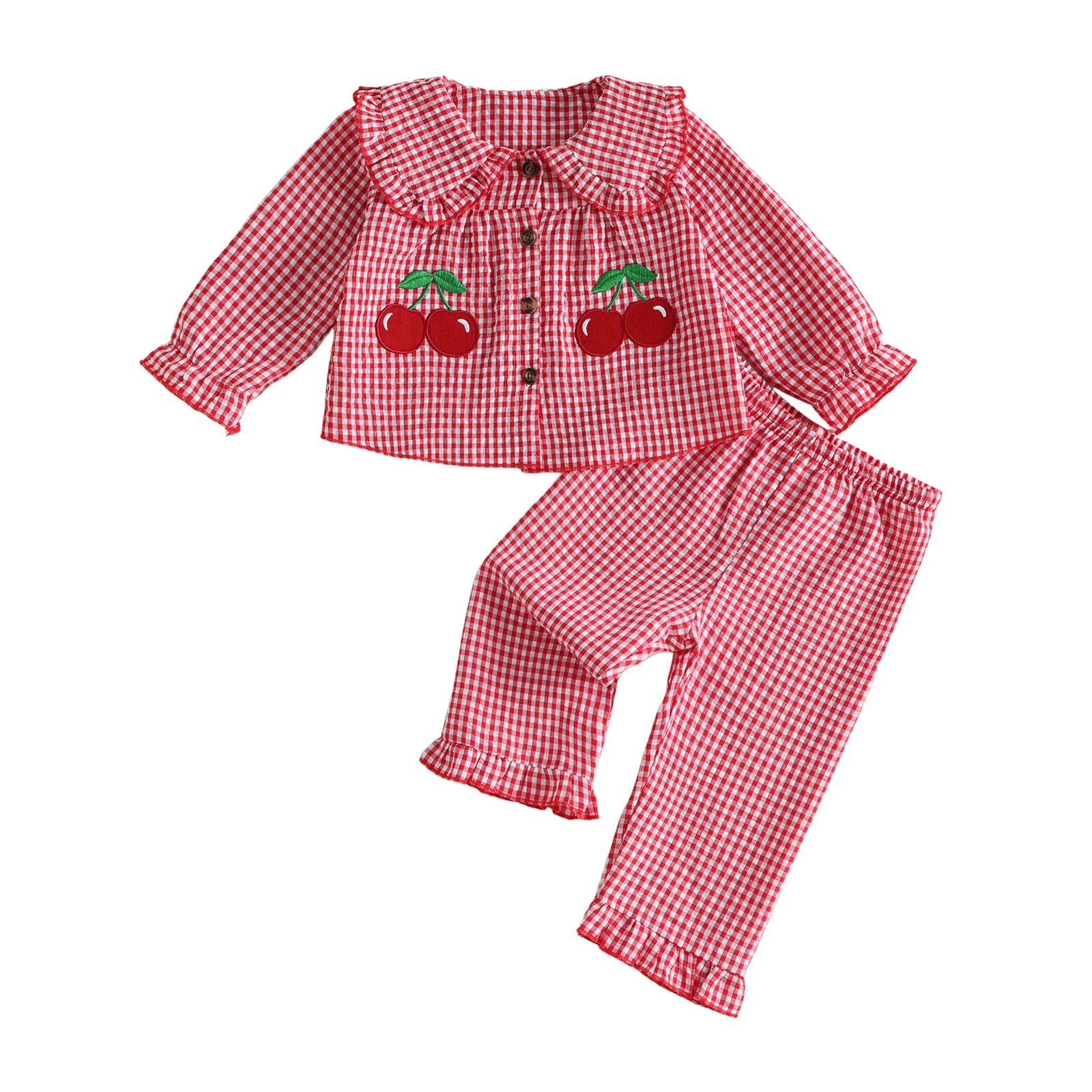 Toddler Baby Girl Fall Outfits Plaid Long Sleeve Tops and Ruffled Pants Set