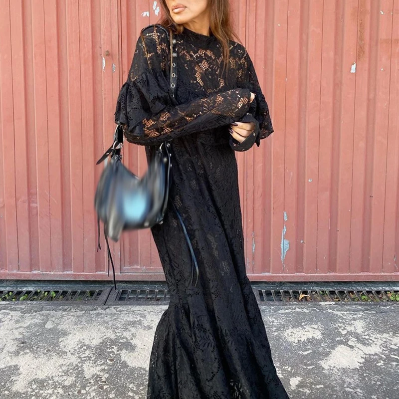 New Spring O Neck Embroidered Loose Dress Sexy Hollow Out Ruffle Pleated Party Dress 2025 Black Lace Long Sleeved Women's Dress