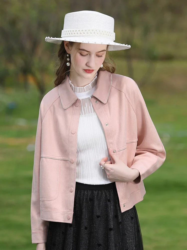 I BELIEVE YOU Pink Small Fragrant Style Suede Lapel Short Jacket for Women 2024 Spring New Trendy Elegant Loose Coat 2234185311