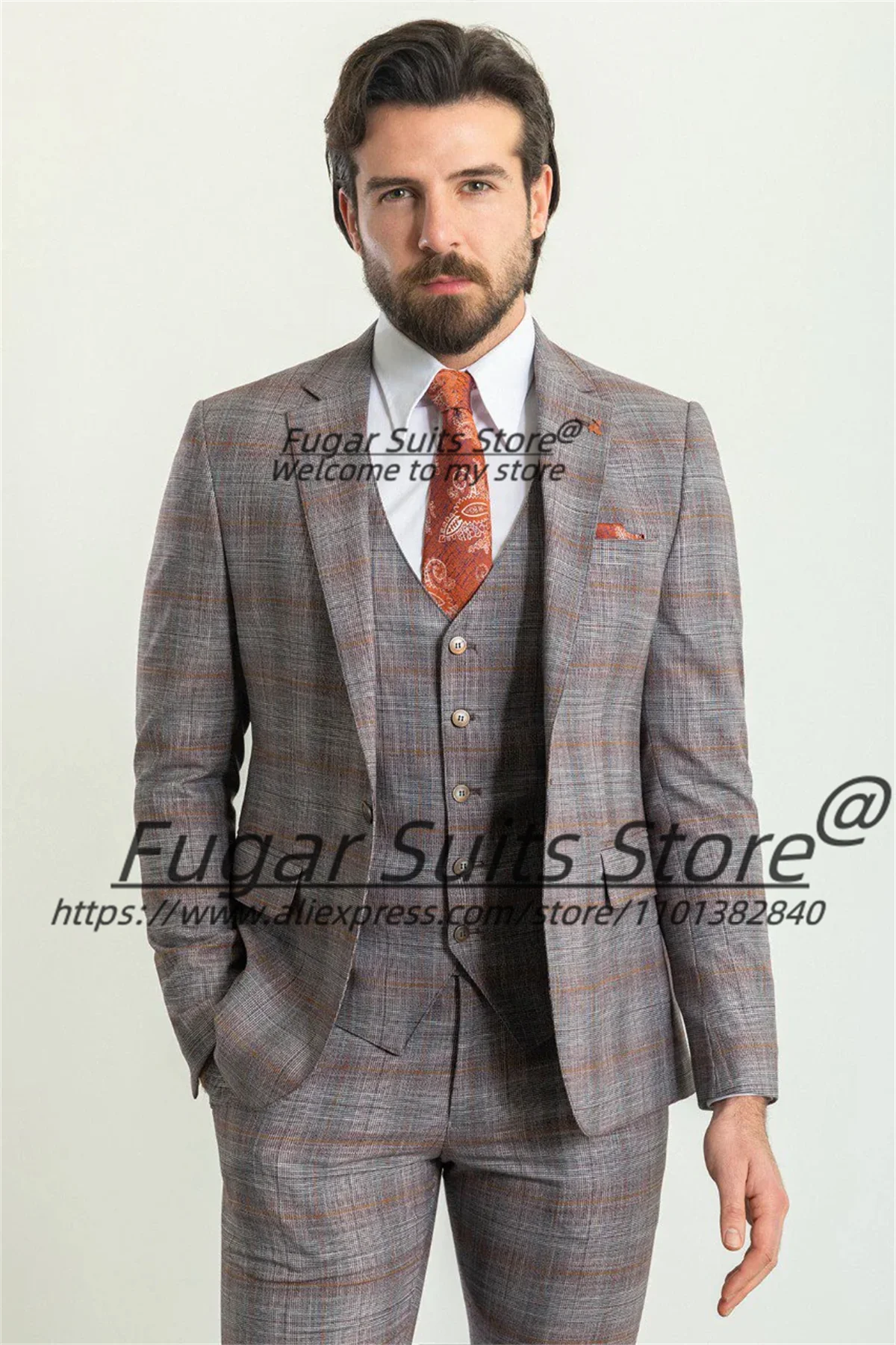 

High-qublity Plaid Men Suits Customized Slim Fit Notched Lapel Groom Wedding Tuxedos 3 Pcs Sets Male Prom Blazers Costume Homme